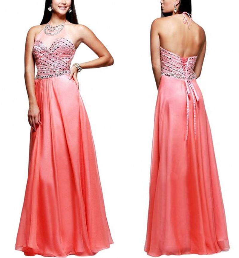 Long Prom Dresses Hang A Neck Party Dress Beads Evening Dress Chiffon