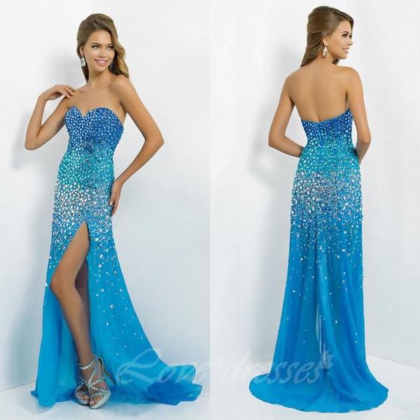 Watermelon Red Long Prom Dress Hang A Neck Beaded Chiffon Party Dress